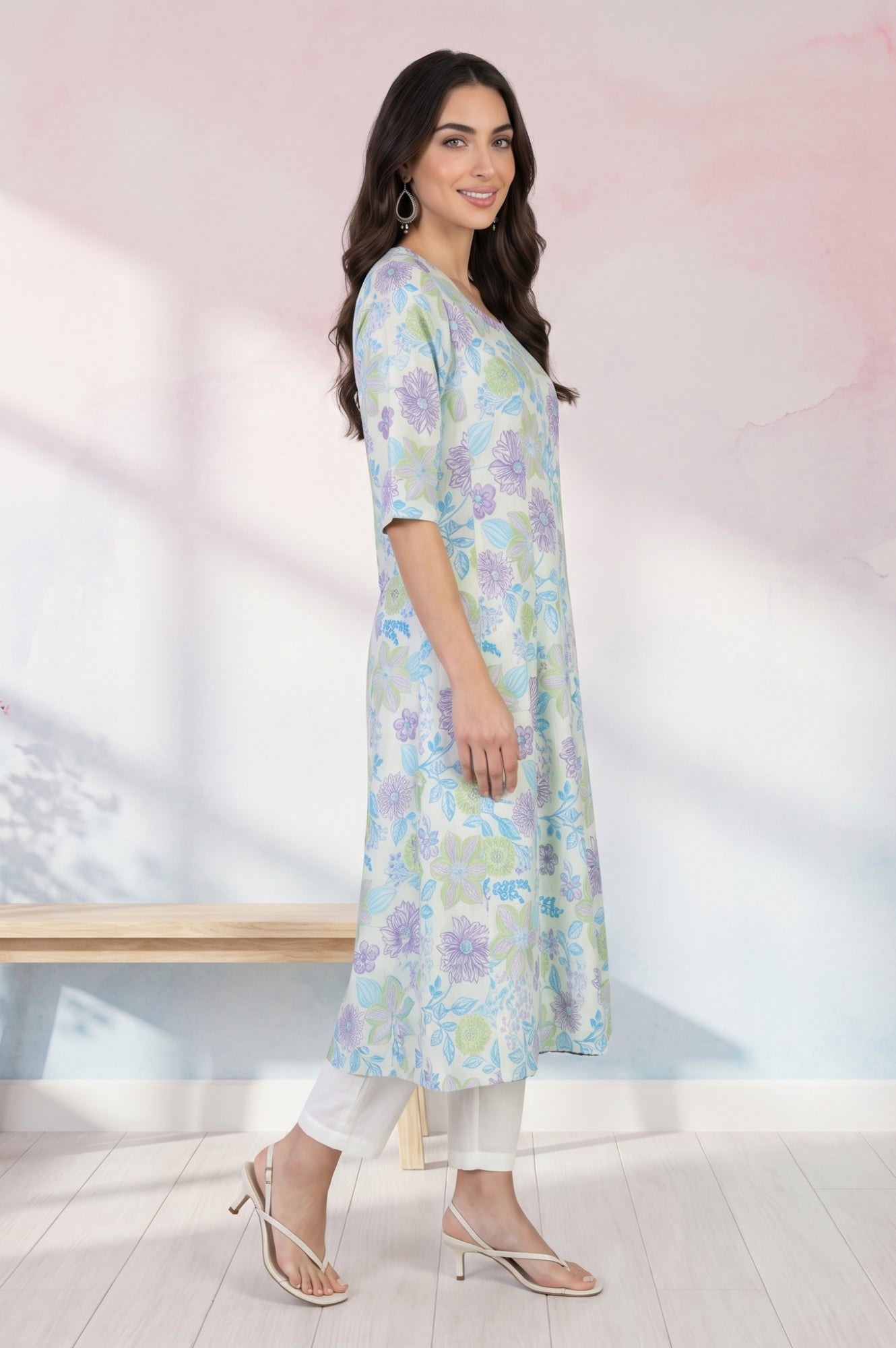 Off White Floral Printed Cotton Flax A-line Kurta