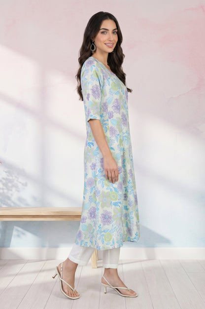 Off White Floral Printed Cotton Flax A-line Kurta