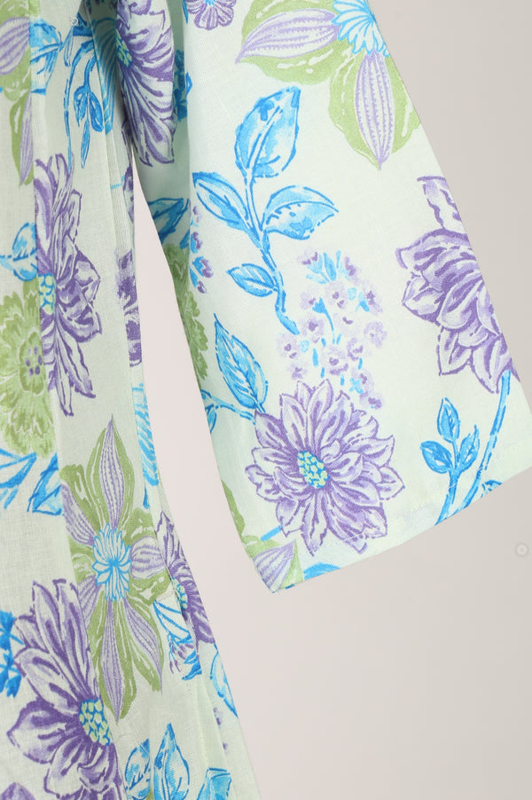 Off White Floral Printed Cotton Flax A-line Kurta