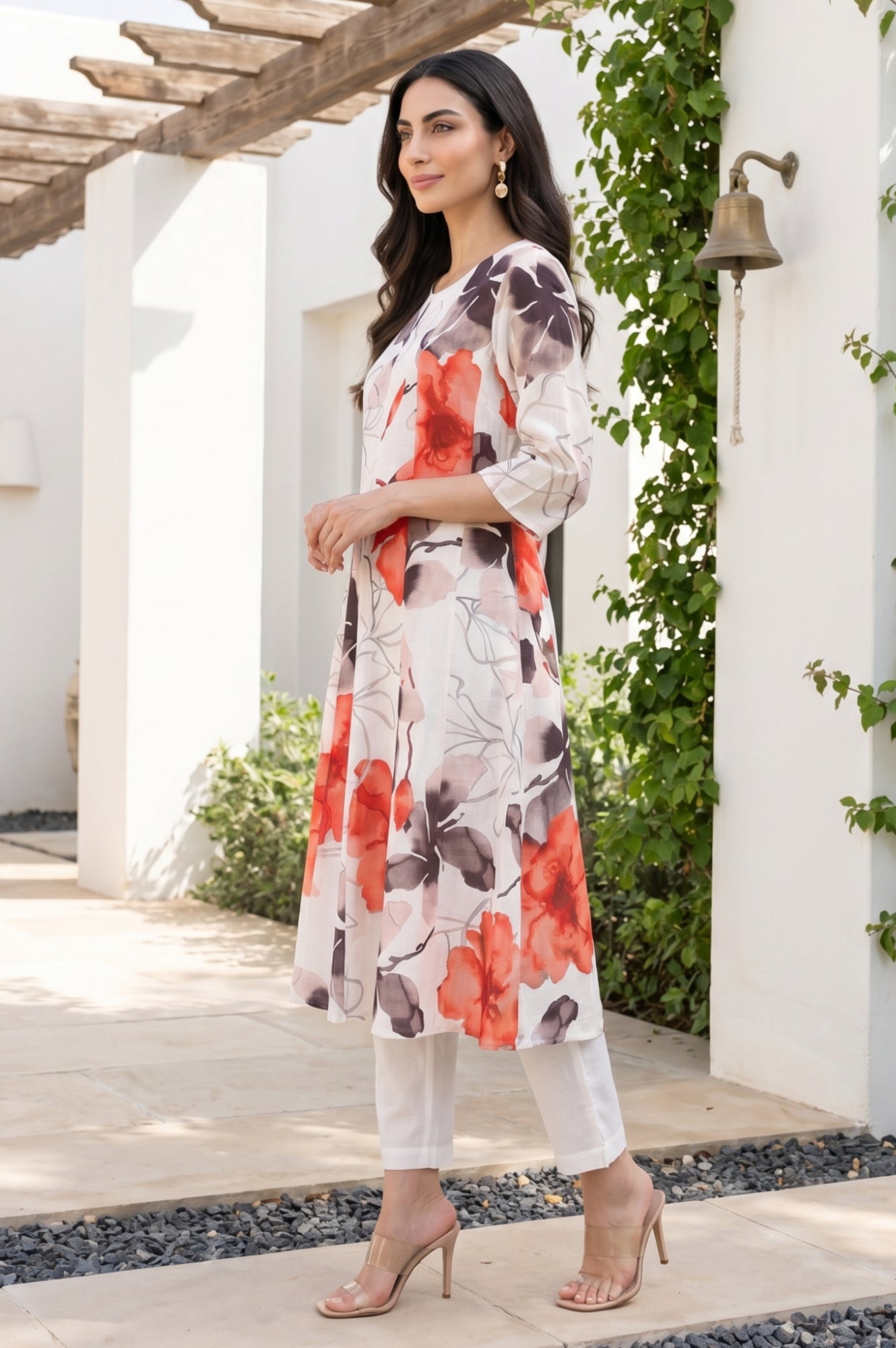 Off White Floral Printed Cotton Flax Flared Kurta