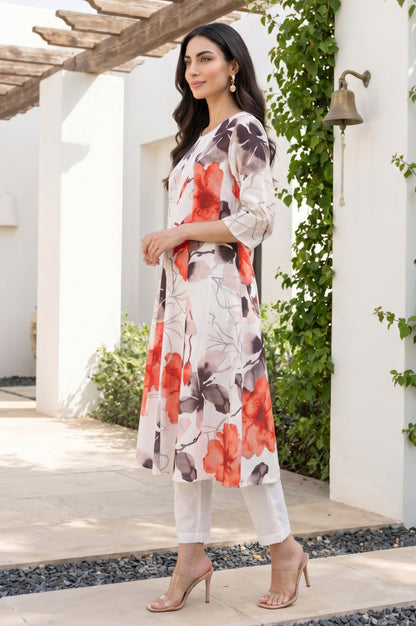 Off White Floral Printed Cotton Flax Flared Kurta