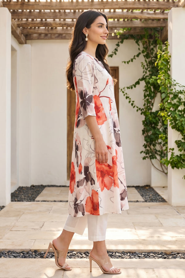 Off White Floral Printed Cotton Flax Flared Kurta