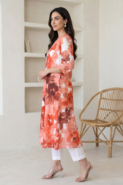 Peach Floral Printed Cotton Flax A-line Kurta