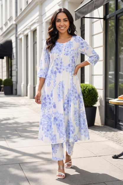 White Floral Printed Cotton Flax Flared Kurta