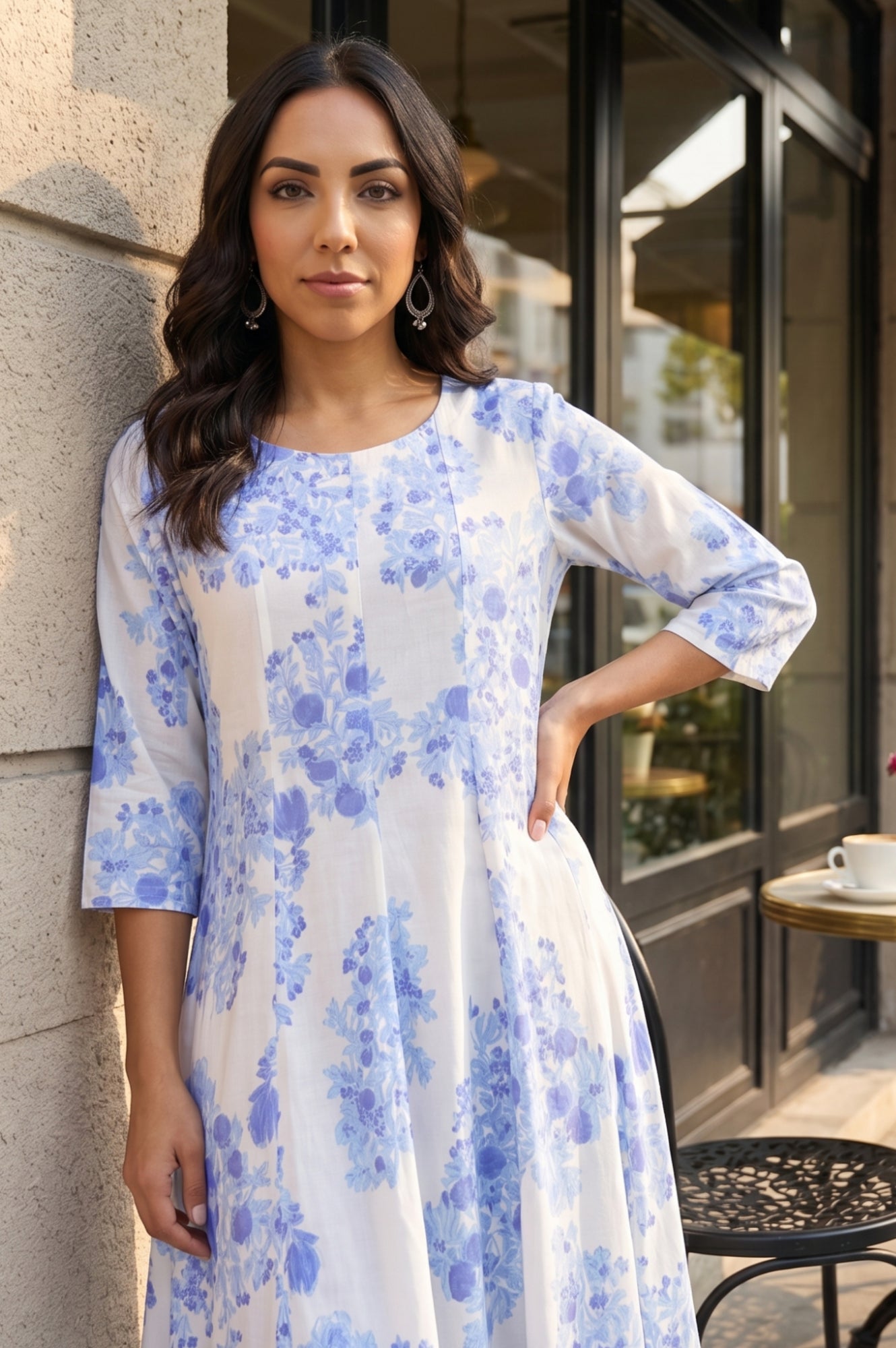 White Floral Printed Cotton Flax Flared Kurta
