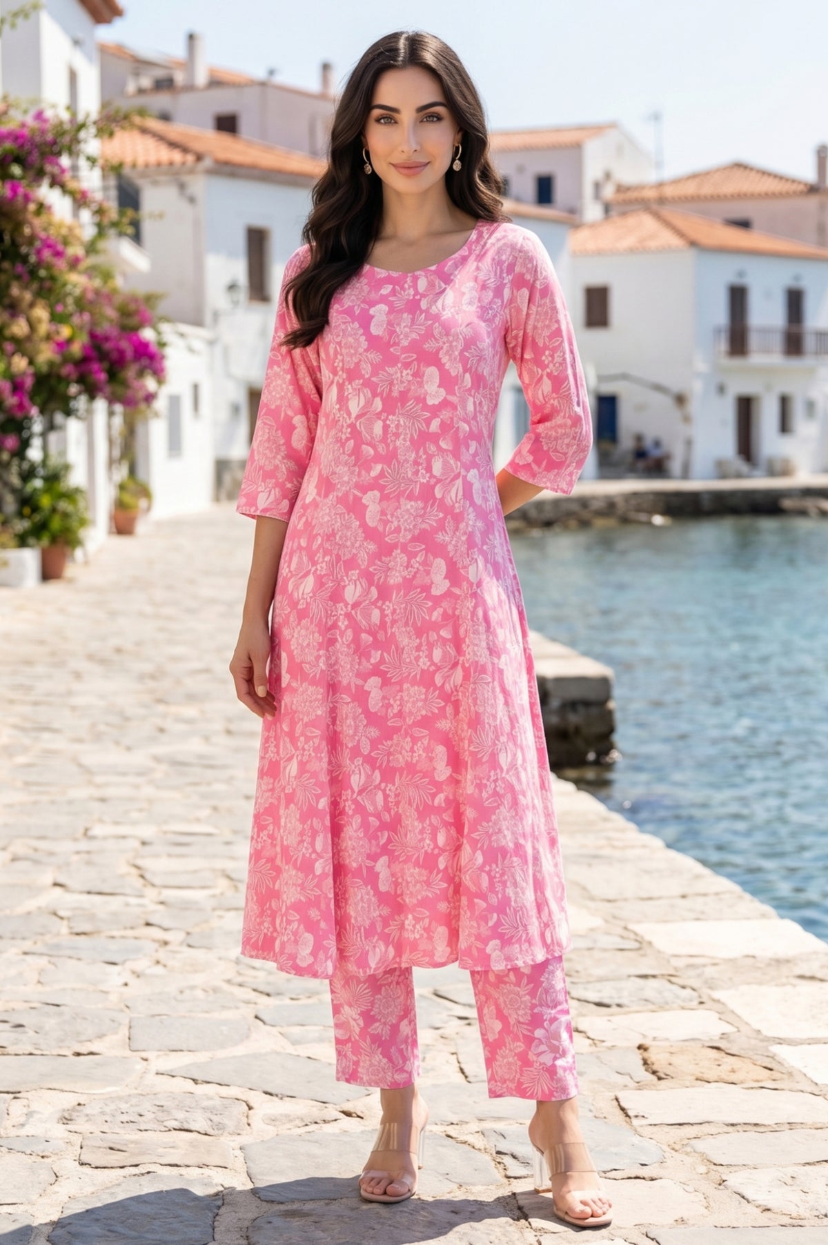 Pink Floral Printed Cotton Flax Flared Kurta - XS