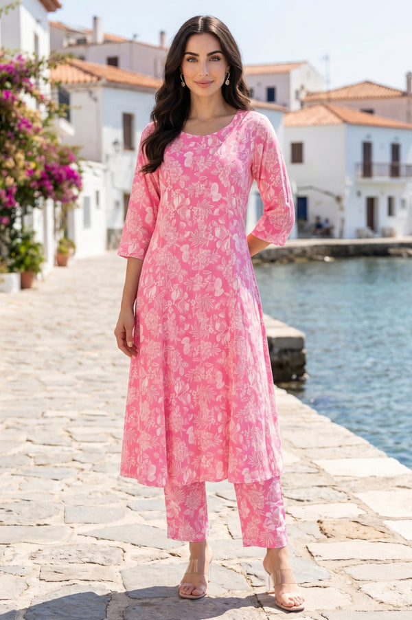 Pink Floral Printed Cotton Flax Flared Kurta