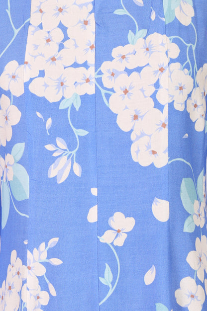Blue Floral Printed Cotton Flax Flared Kurta