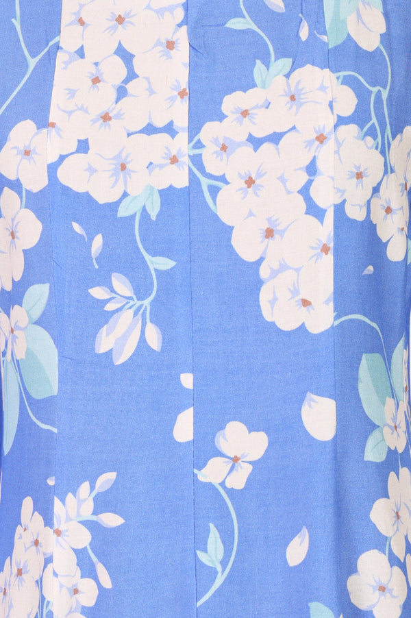 Blue Floral Printed Cotton Flax Flared Kurta