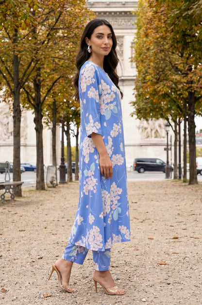 Blue Floral Printed Cotton Flax Flared Kurta
