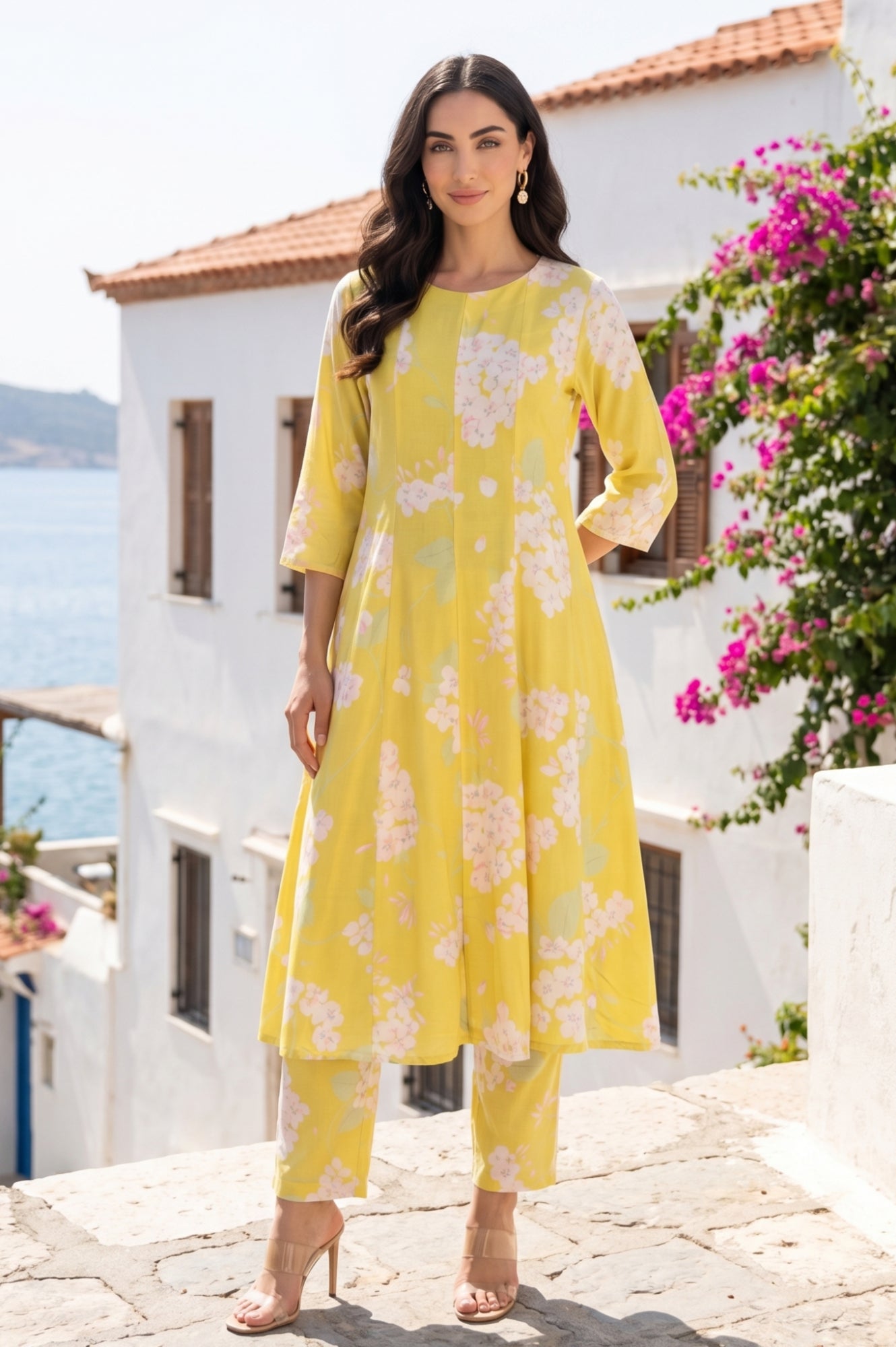 Yellow Floral Printed Cotton Flax Flared Kurta