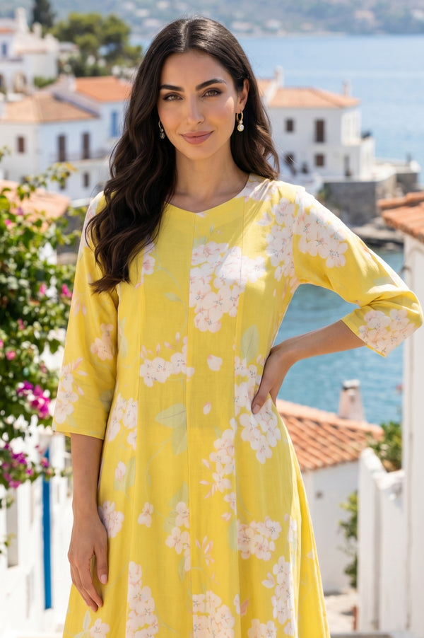 Yellow Floral Printed Cotton Flax Flared Kurta