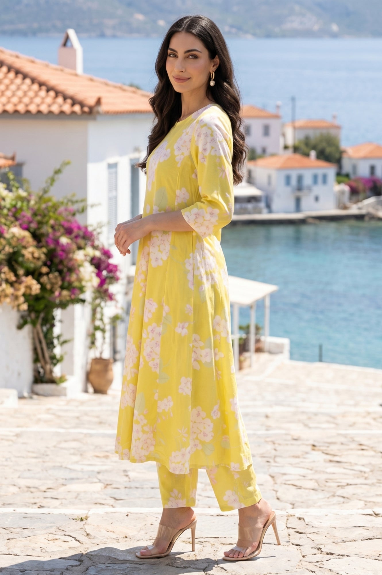 Yellow Floral Printed Cotton Flax Flared Kurta
