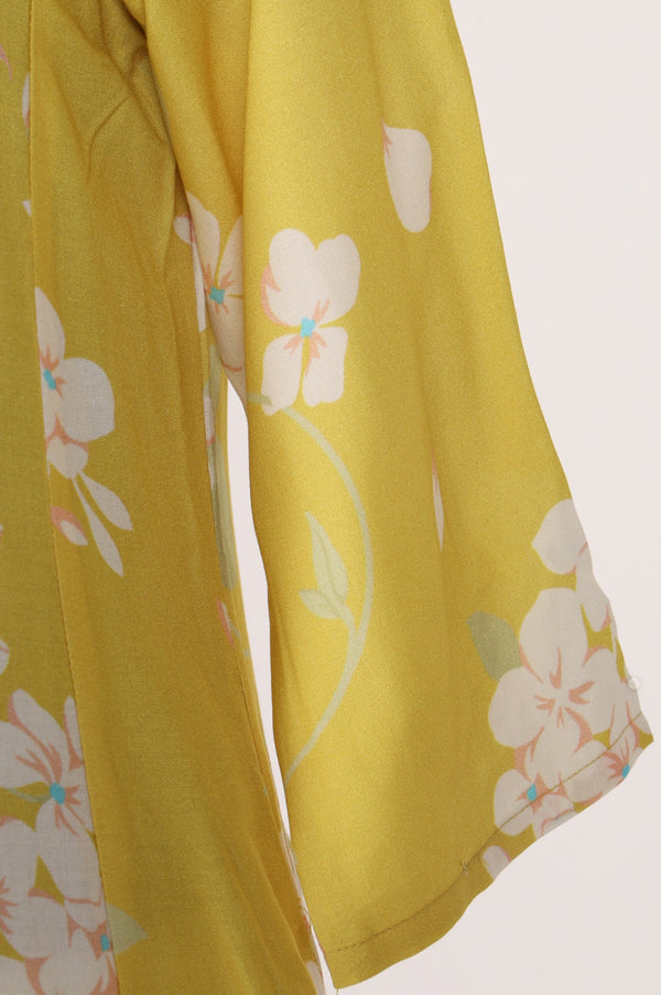 Yellow Floral Printed Cotton Flax Flared Kurta