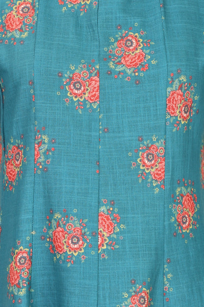 Teal Floral Printed Cotton Flax Flared Kurta