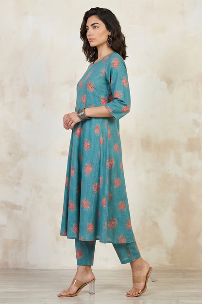 Teal Floral Printed Cotton Flax Flared Kurta