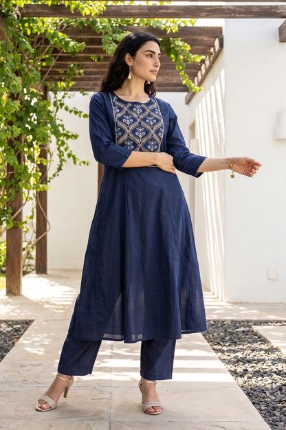 Navy Blue Embroidered A-line Kurta