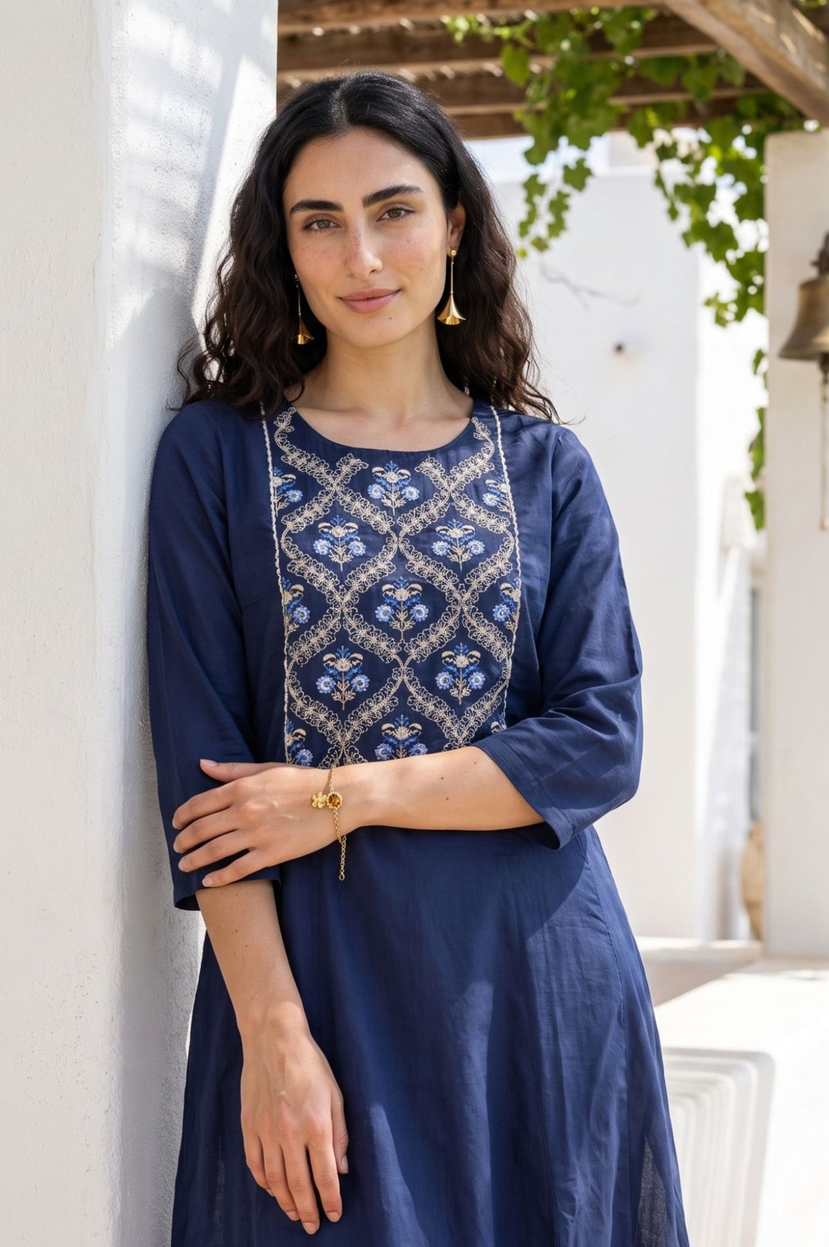 Navy Blue Embroidered A-line Kurta