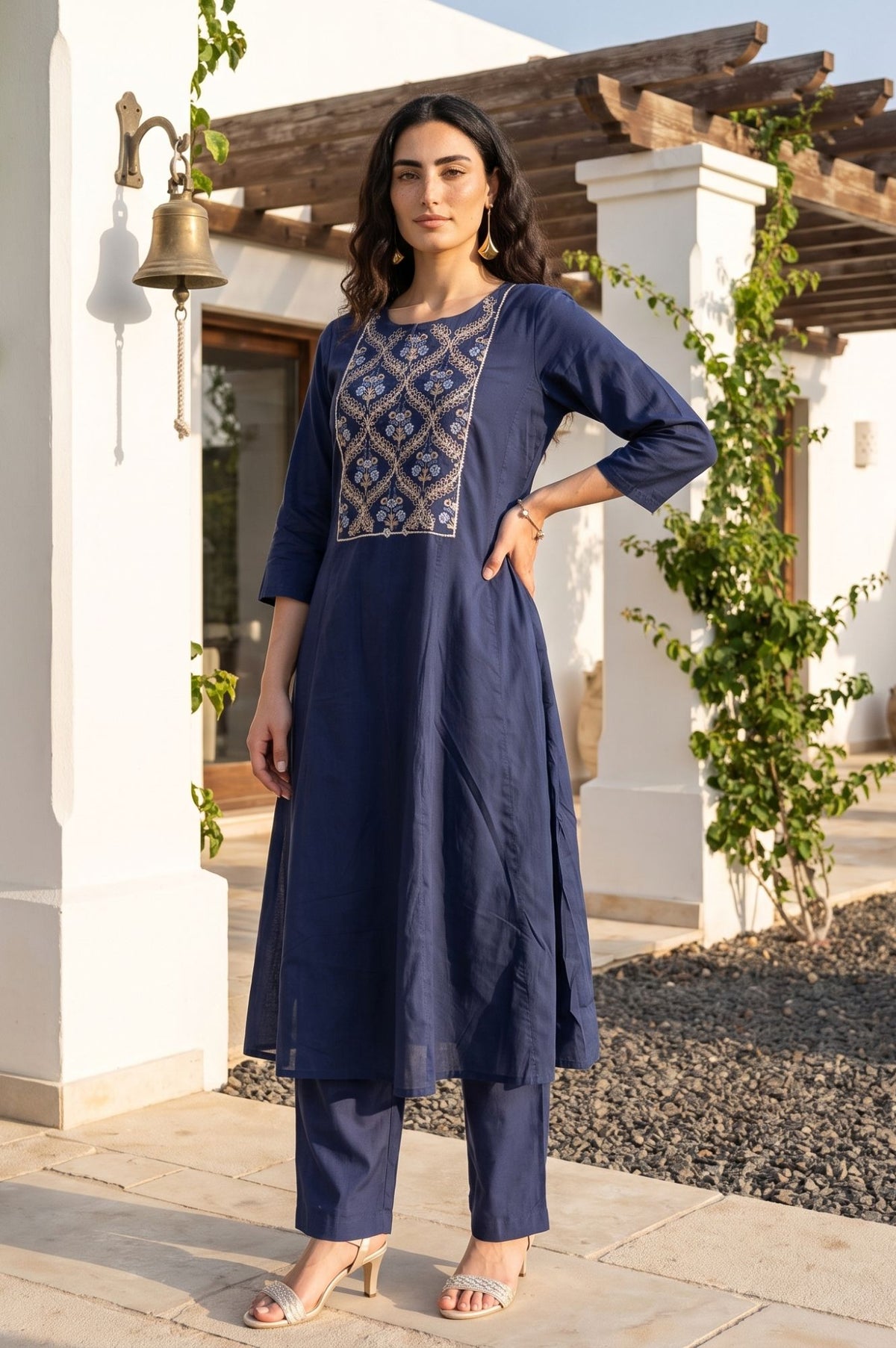 Navy Blue Embroidered A-line Kurta