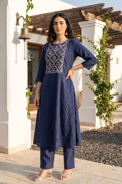 Navy Blue Embroidered A-line Kurta