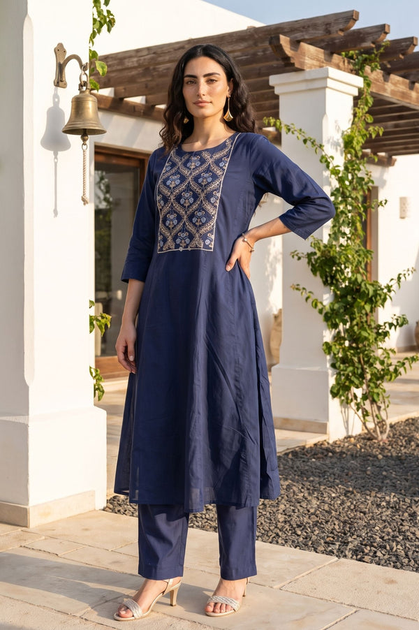 Navy Blue Embroidered A-line Kurta