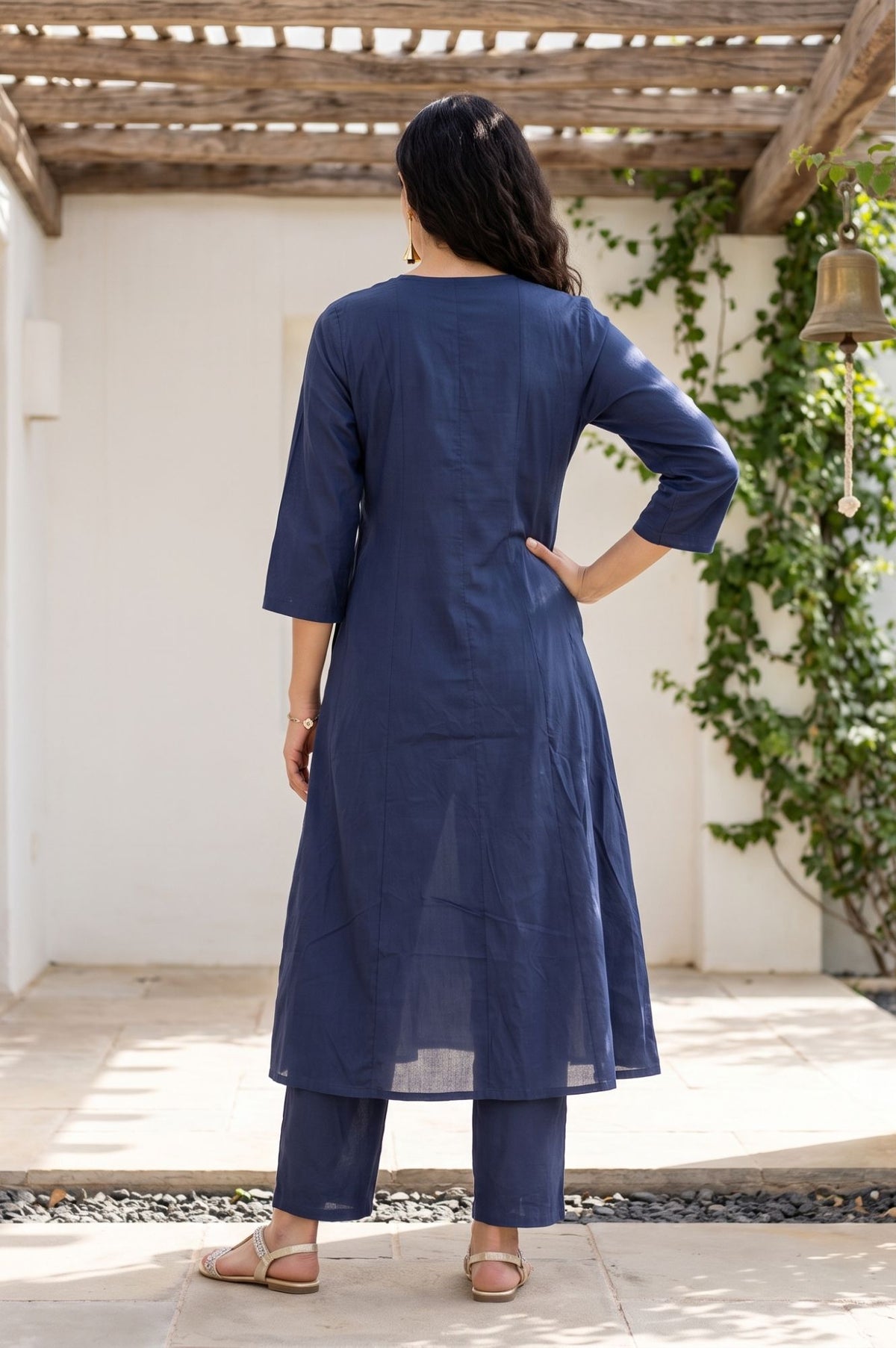 Navy Blue Embroidered A-line Kurta