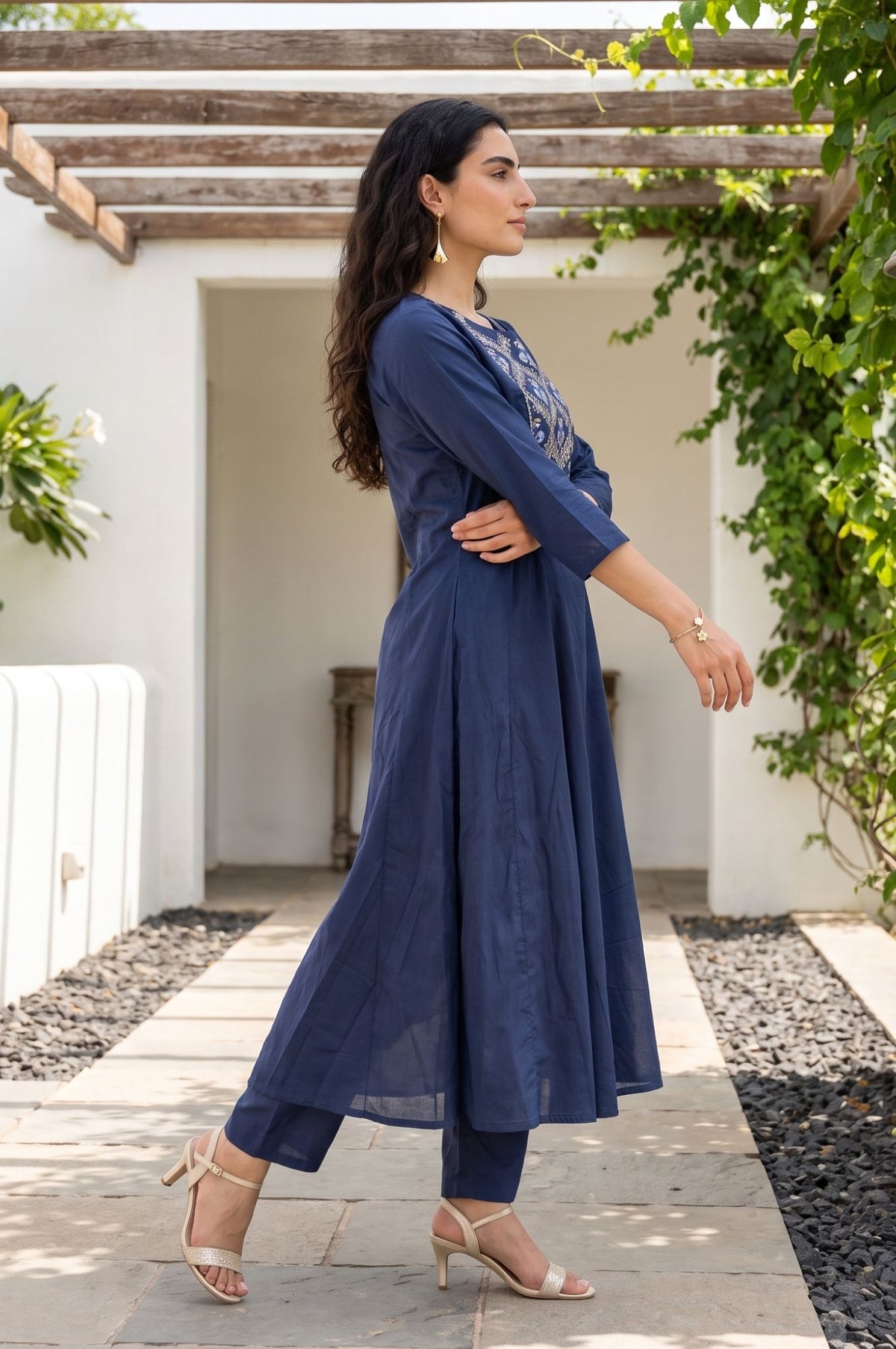 Navy Blue Embroidered A-line Kurta