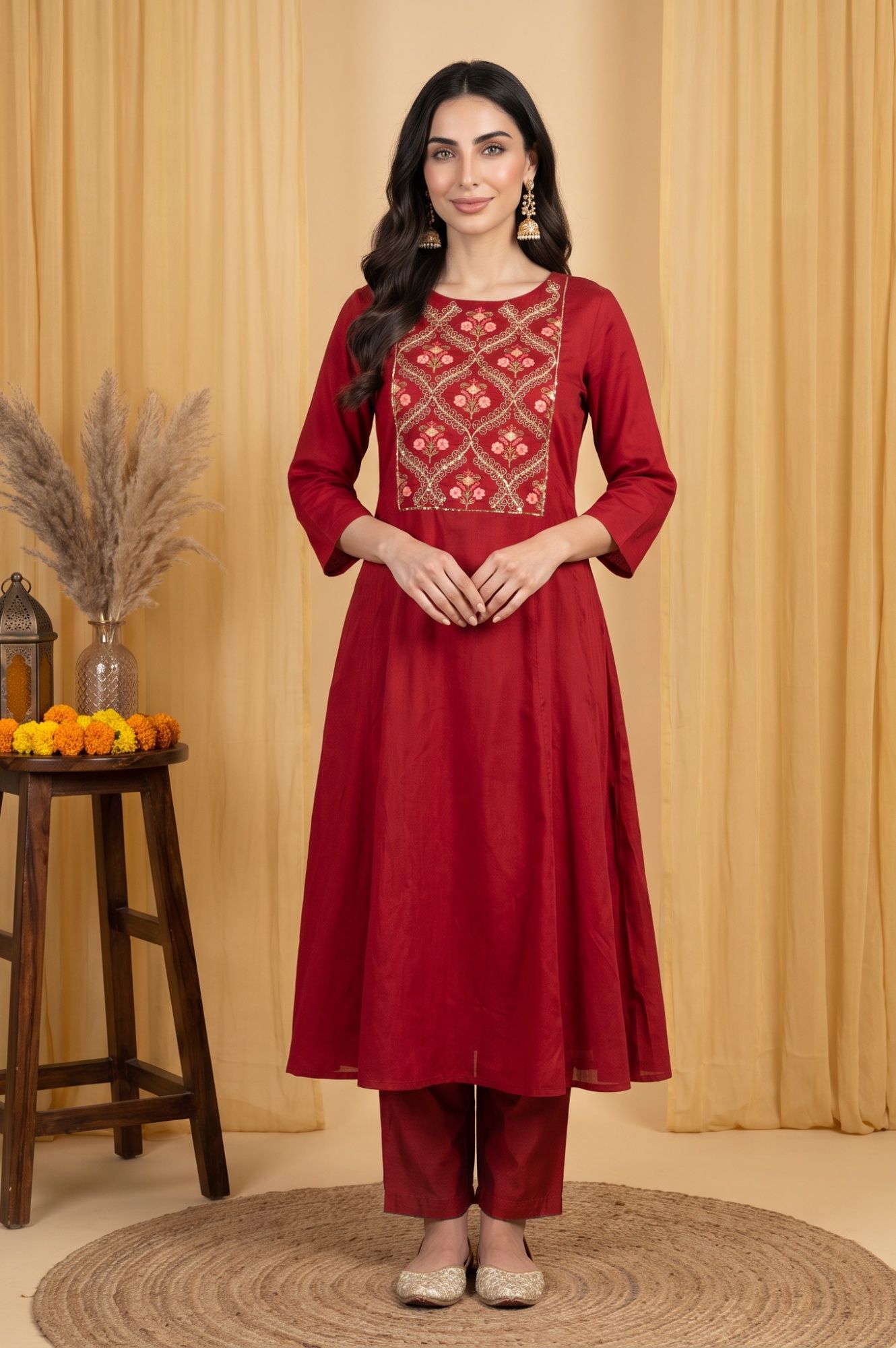 Maroon Zari Embroidered A-line Kurta