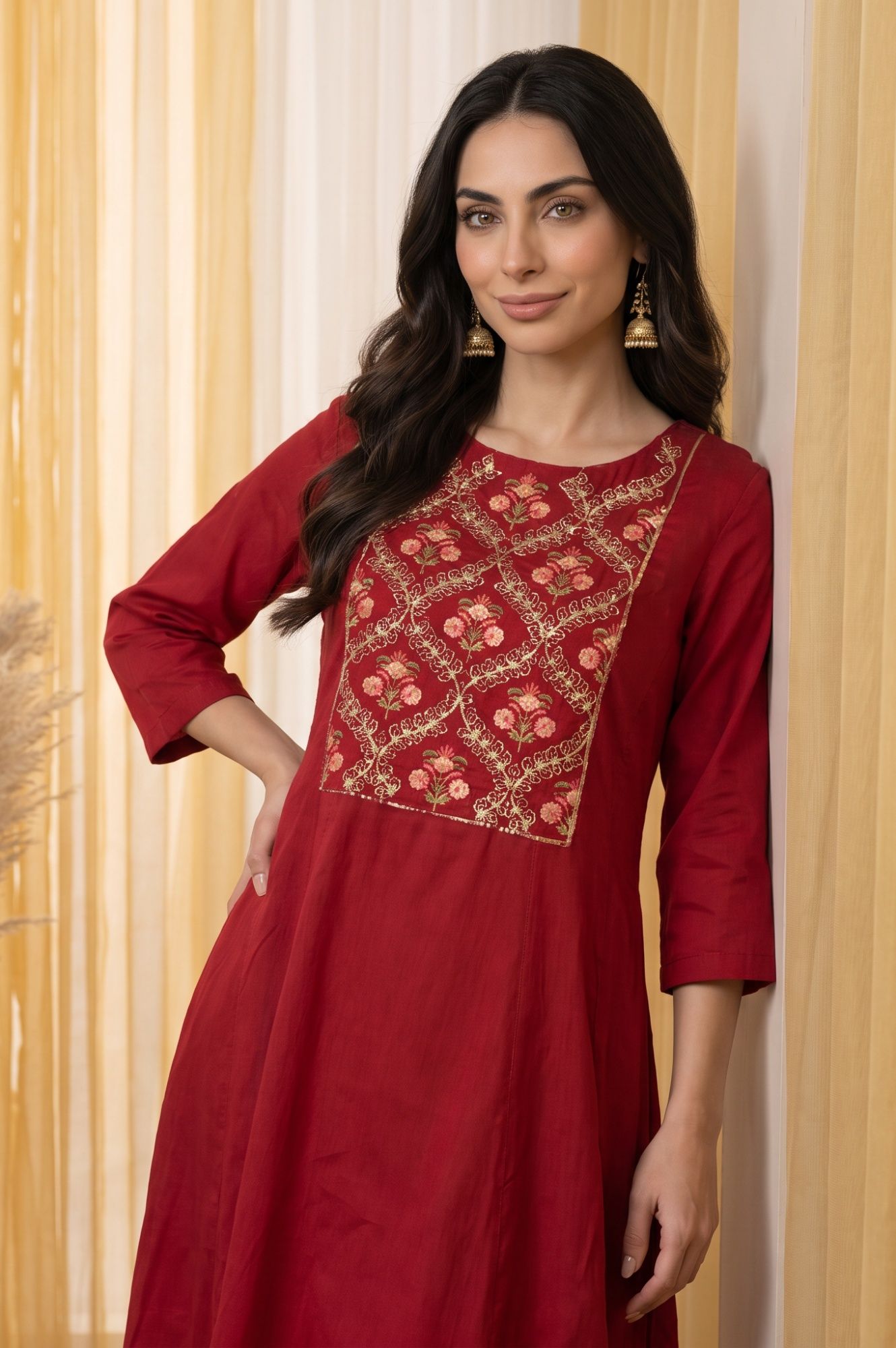 Maroon Zari Embroidered A-line Kurta