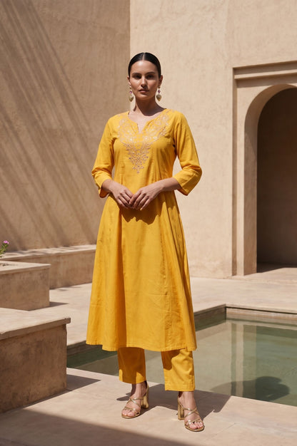 Yellow Embroidered Mirror Work A-line Kurta