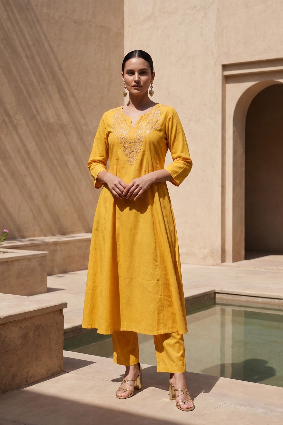 Yellow Embroidered Mirror Work A-line Kurta