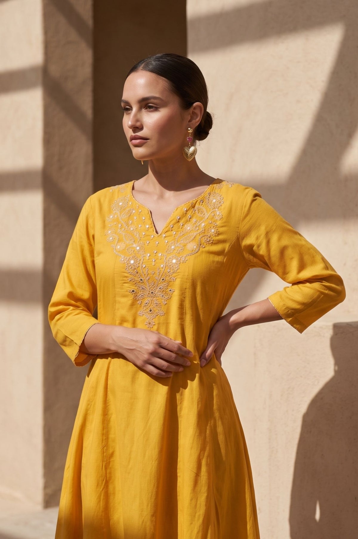 Yellow Embroidered Mirror Work A-line Kurta