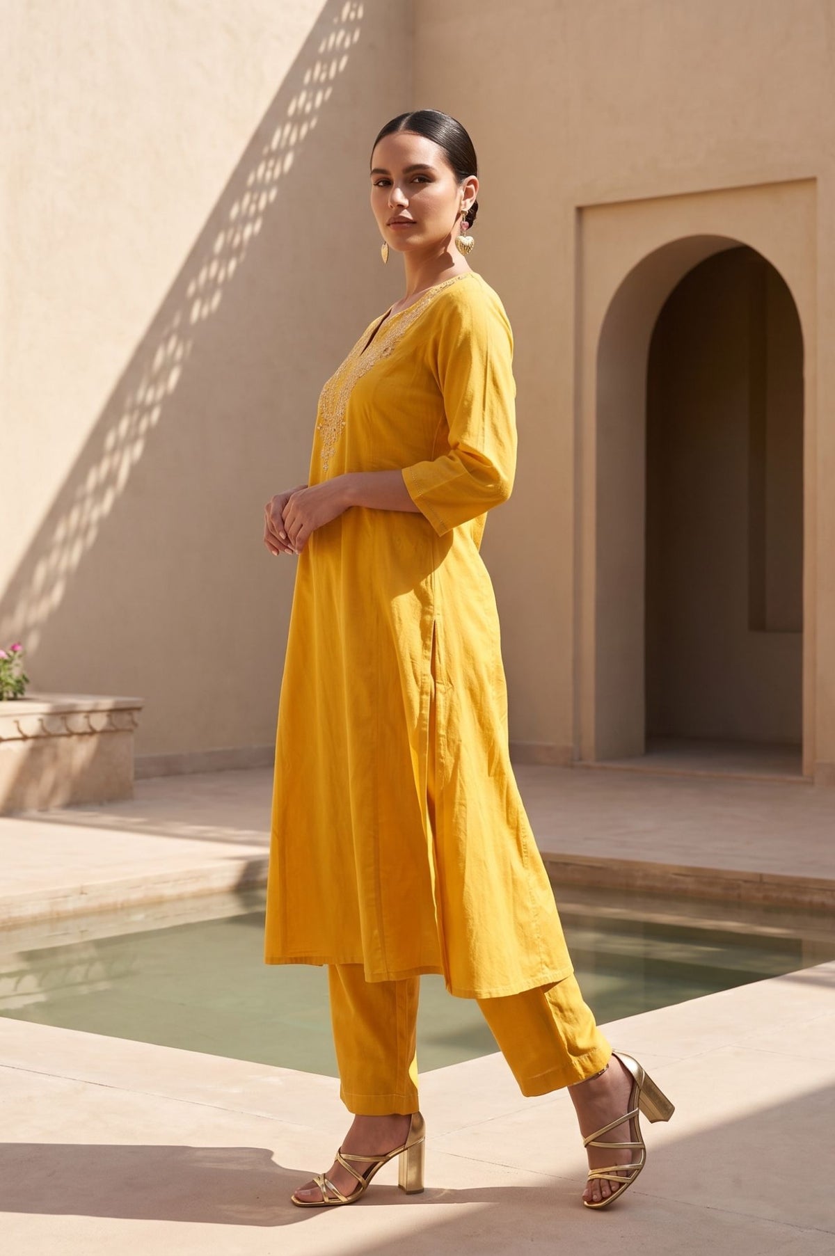 Yellow Embroidered Mirror Work A-line Kurta
