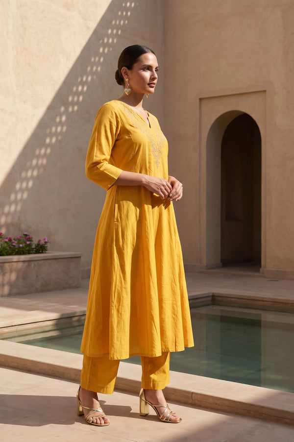 Yellow Embroidered Mirror Work A-line Kurta