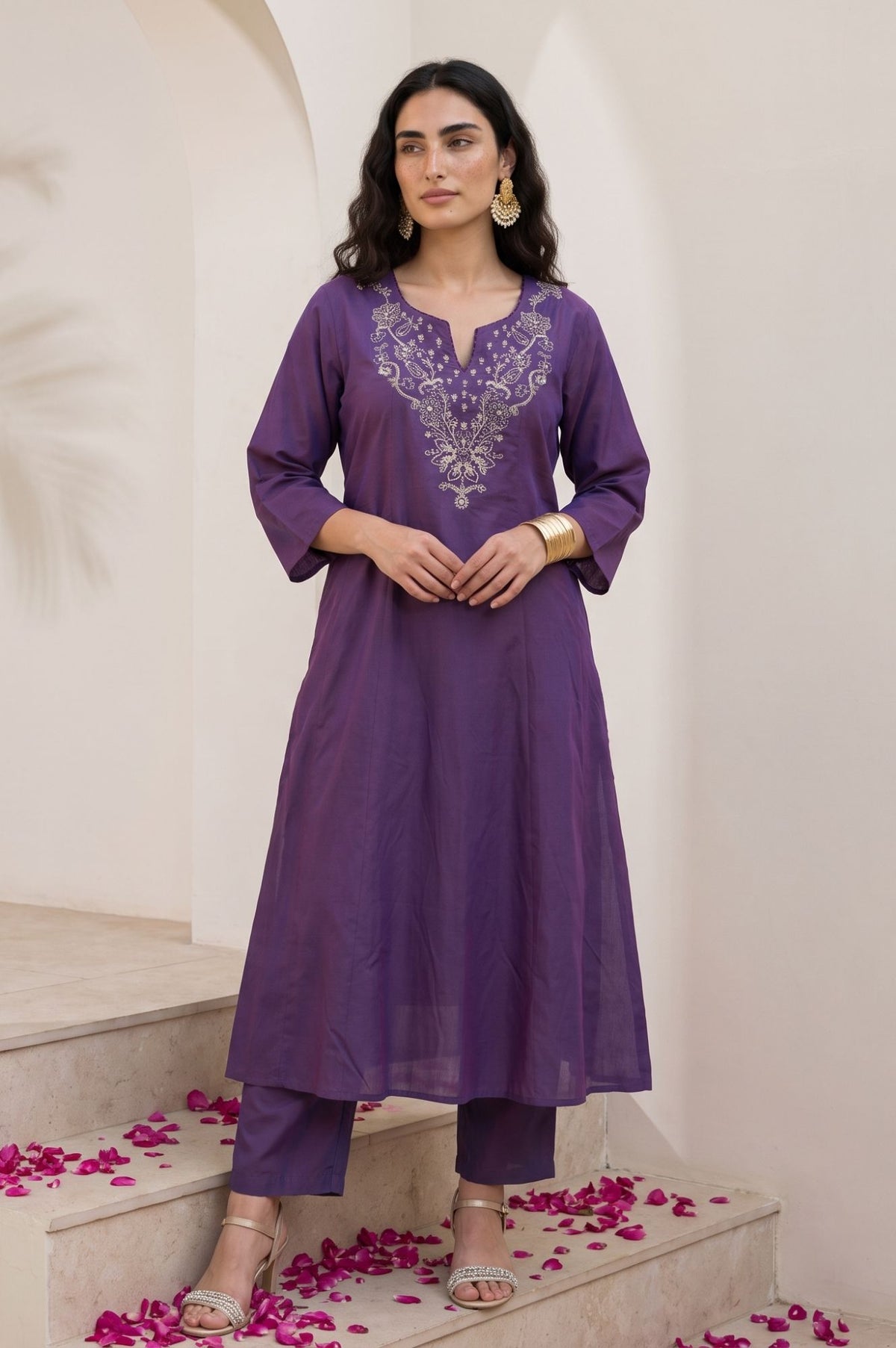 Purple Embroidered A-line Kurta