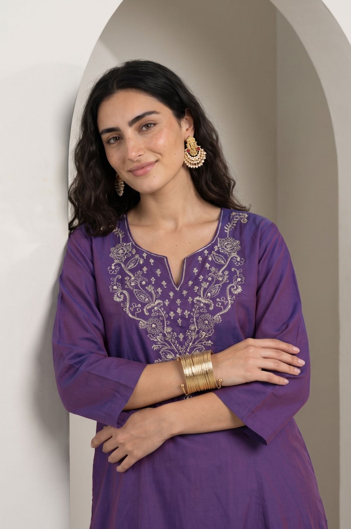 Purple Embroidered A-line Kurta