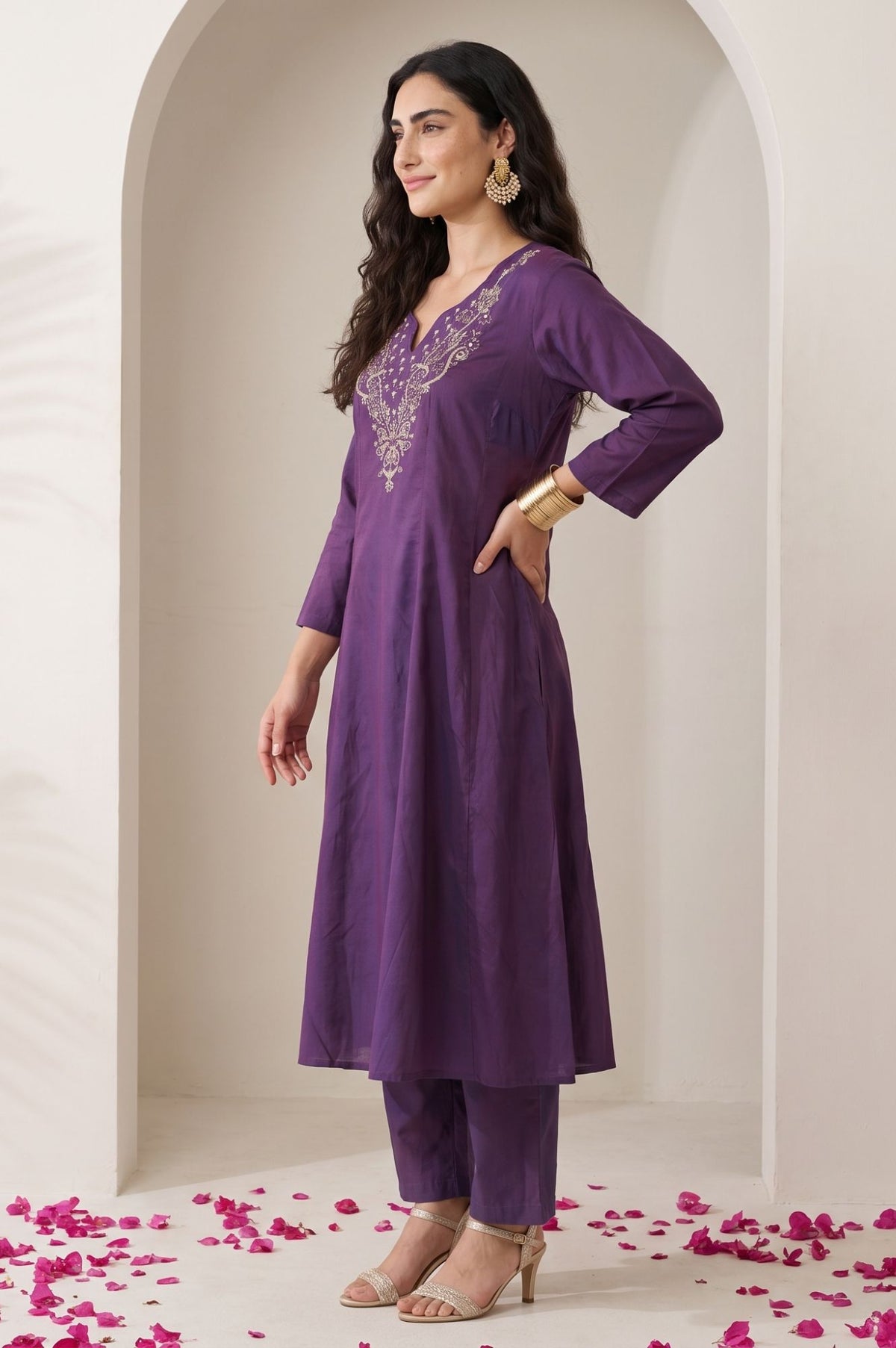 Purple Embroidered A-line Kurta