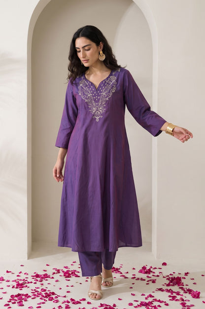 Purple Embroidered A-line Kurta