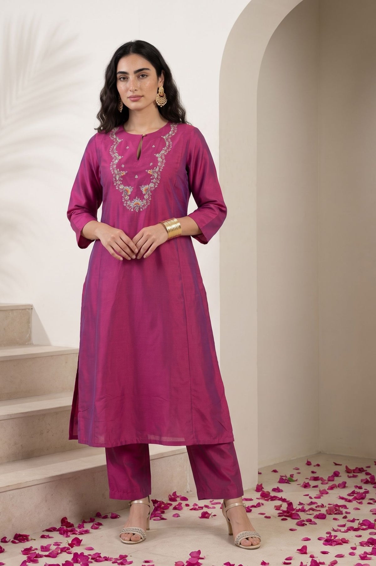 Magenta Embroidered Straight Kurta