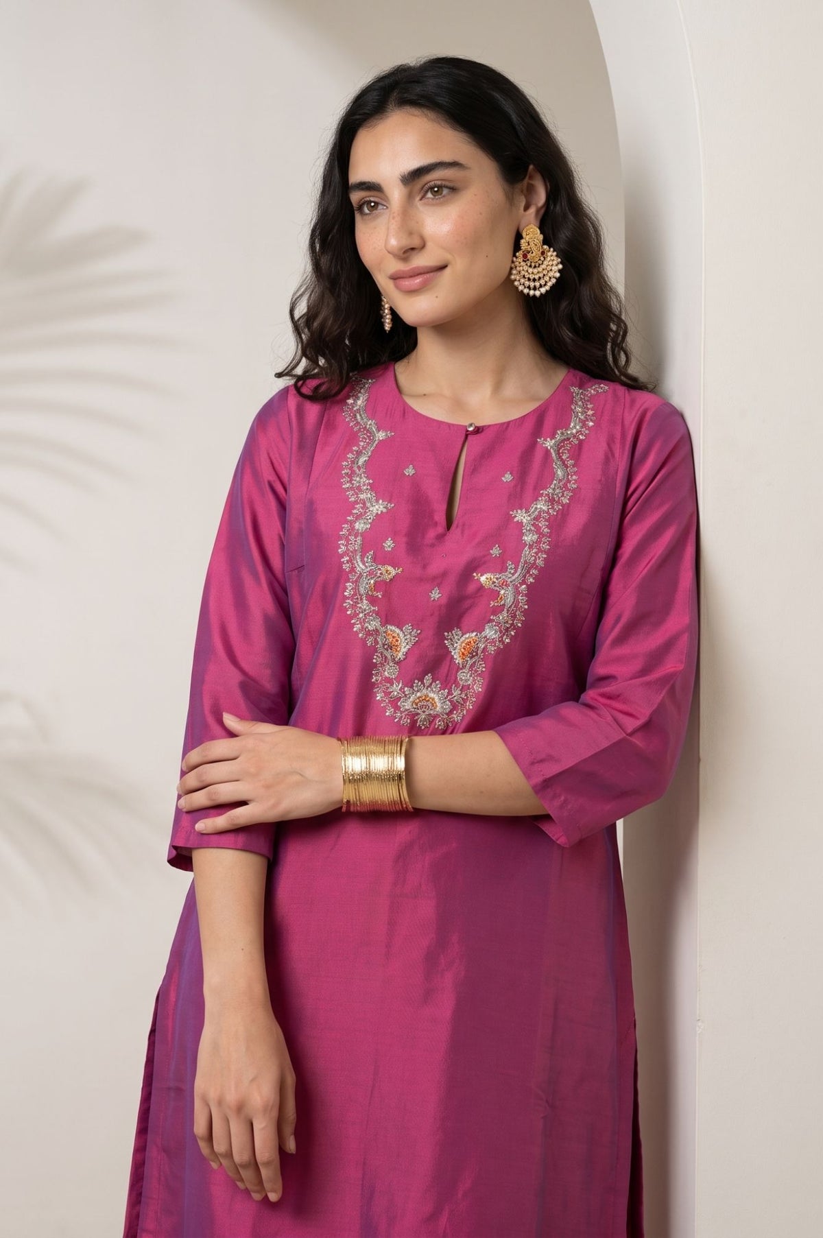 Magenta Embroidered Straight Kurta