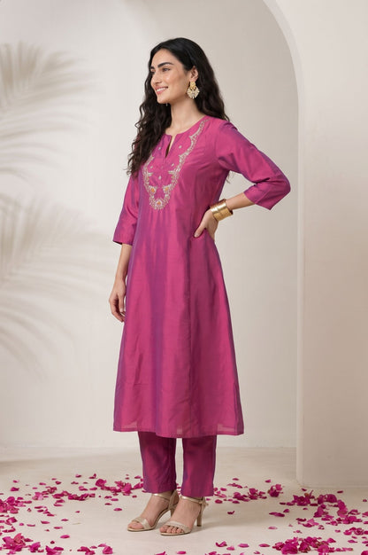 Magenta Embroidered Straight Kurta