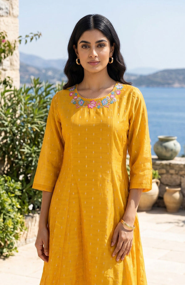 Mustard Yarn Dyed Textured Embroidered Chanderi A-line Kurta