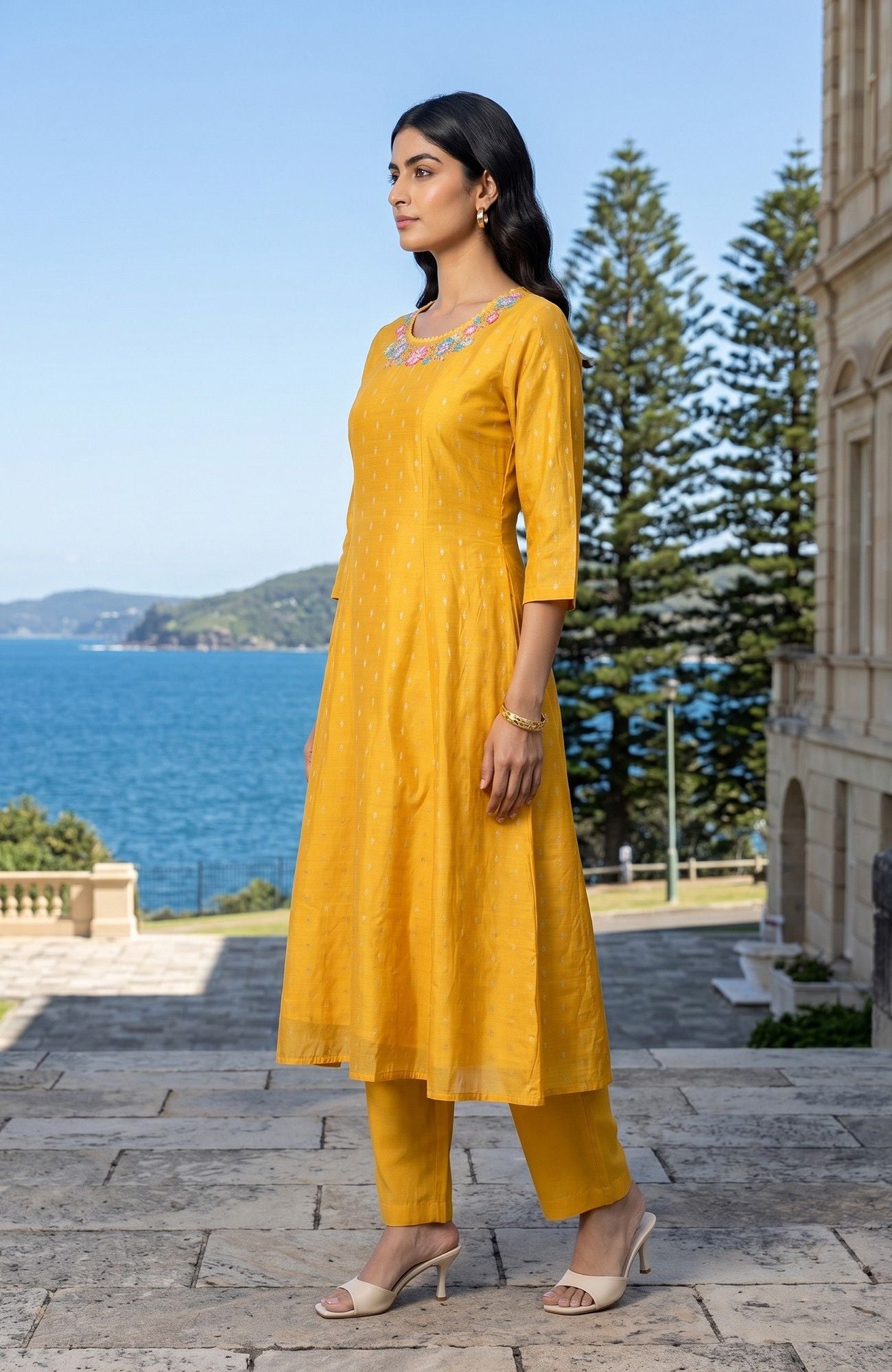 Mustard Yarn Dyed Textured Embroidered Chanderi A-line Kurta