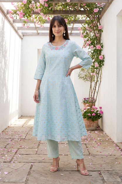 Blue Yarn Dyed Embroidered Chanderi A-line Kurta