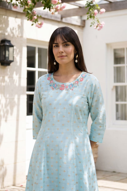 Blue Yarn Dyed Embroidered Chanderi A-line Kurta
