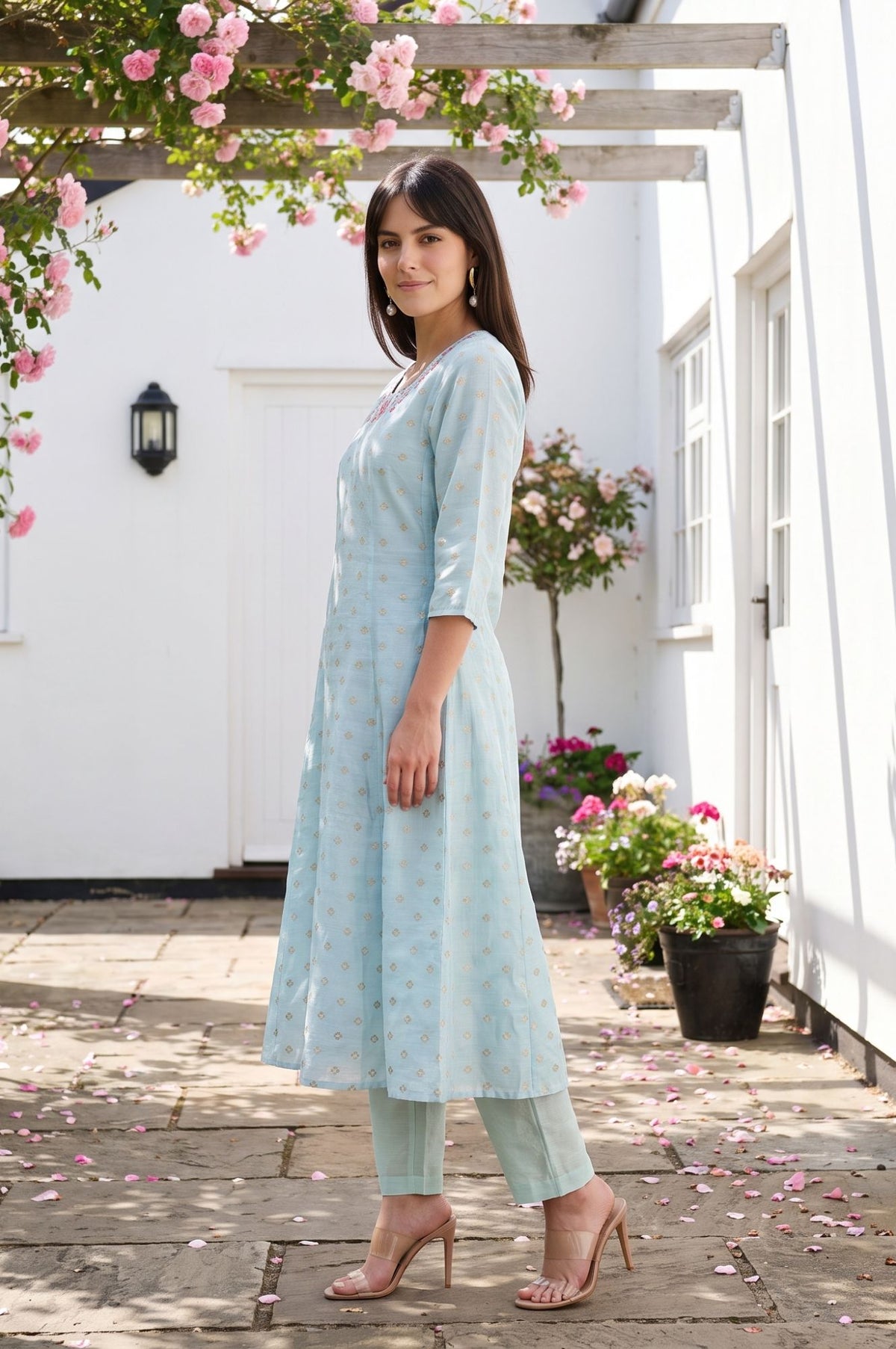 Blue Yarn Dyed Embroidered Chanderi A-line Kurta