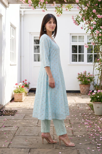Blue Yarn Dyed Embroidered Chanderi A-line Kurta