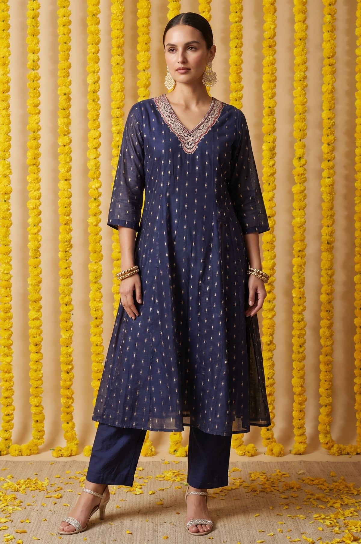 W Navy Blue Yarn Dyed Embroidered Chanderi A-line Kurta - 10