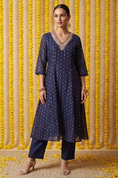 W Navy Blue Yarn Dyed Embroidered Chanderi A-line Kurta