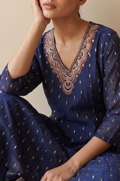 W Navy Blue Yarn Dyed Embroidered Chanderi A-line Kurta